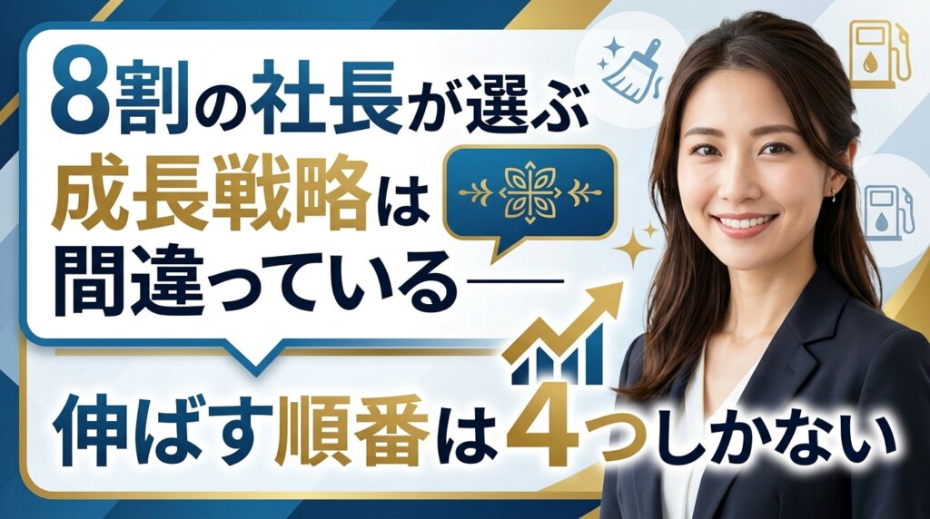 8割の社長が選ぶ成長戦略は間違っているという指摘と、売上を伸ばす順番は4つしかないことを示したアイキャッチ画像。