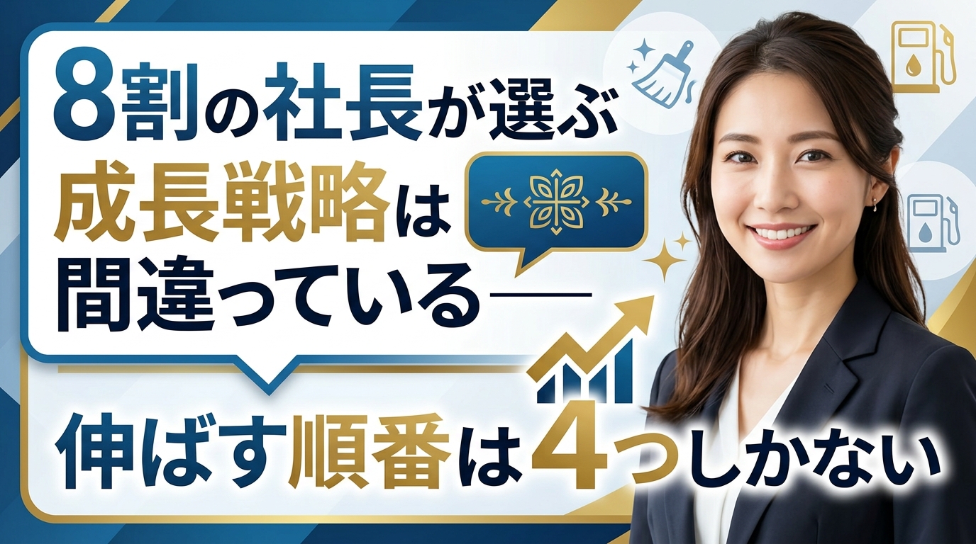 8割の社長が選ぶ成長戦略は間違っているという指摘と、売上を伸ばす順番は4つしかないことを示したアイキャッチ画像。