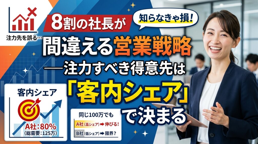 8割の社長が間違える営業戦略という主張と、注力すべき得意先は売上額ではなく「客内シェア」で決まることを示したアイキャッチ画像。