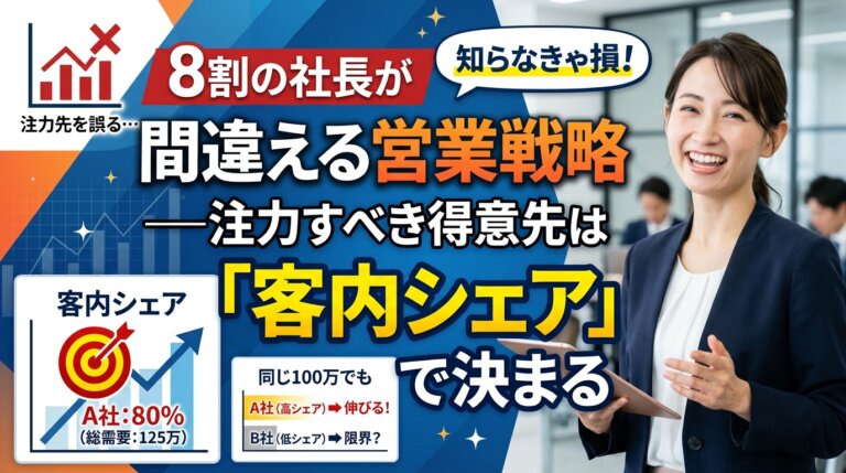 8割の社長が間違える営業戦略という主張と、注力すべき得意先は売上額ではなく「客内シェア」で決まることを示したアイキャッチ画像。