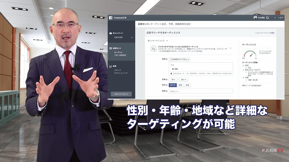 ネット集客・web集客の方法_facebook広告（フェイスブック広告）の使い方・活用方法_広告のターゲティング／趣味・関心・行動履歴_成長戦略TV第85回