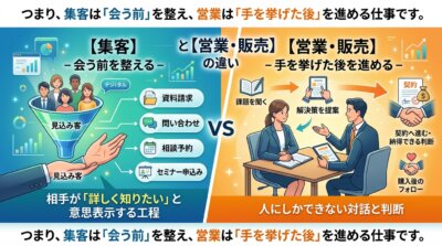 集客とは自社の商品・サービスに興味を持った見込客に手を挙げてもらうことであり、資料請求や問い合わせ、相談予約、セミナー申込みが該当することを示した図解。
