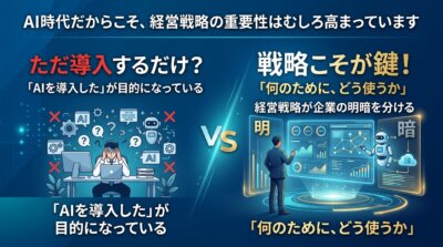 AI時代の経営戦略の重要性を対比で示す図解。「AIを導入した」が目的化した状態と、「何のために、どう使うか」を定めた戦略が企業の明暗を分けると説明。