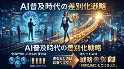 AI普及時代の差別化戦略の図解。全員が同じ汎用AIを使えばアウトプットは似通い、差を生むのは武器ではなく「何のために、どこに使うか」の戦略だと示す。