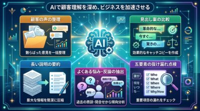 AIで顧客理解を深める使い方を示す図解。顧客の声の整理、見出し案の比較、長い説明の要約、よくある悩みの抽出、五要素の抜け漏れ点検の5用途を並べている。