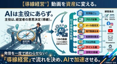 導線経営の仕組みを解説する図解。1本の動画からAIで複数のコンテンツを生成し、SNSやWebサイトへ展開する流れを示す。