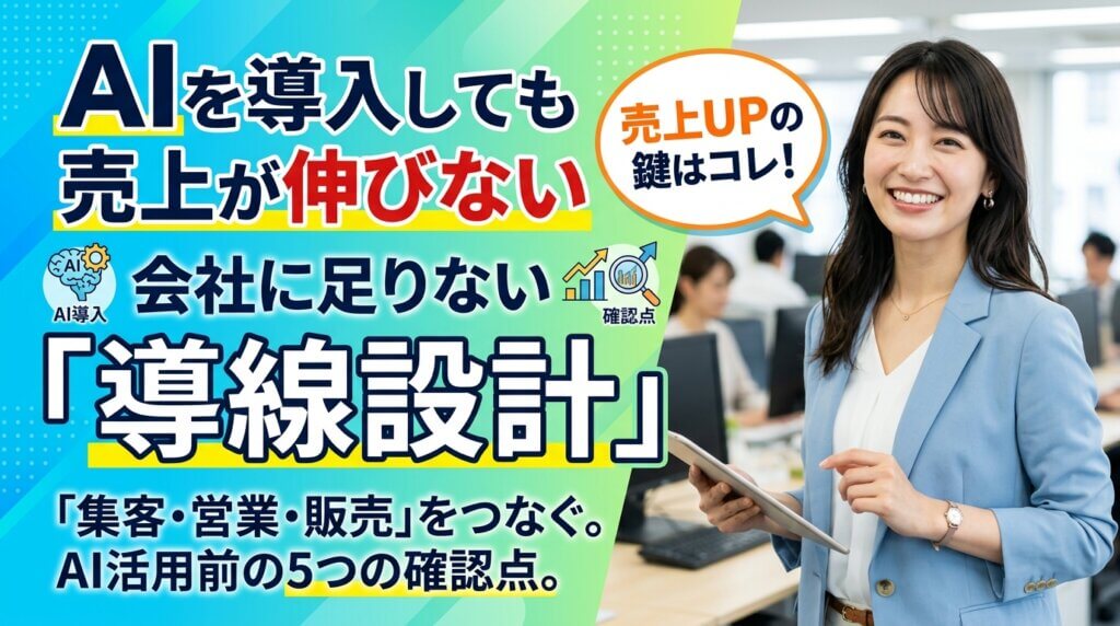 オフィスに立つ女性と、AIを導入しても売上が伸びない会社に足りない「導線設計」というキーワードを示したアイキャッチ画像。