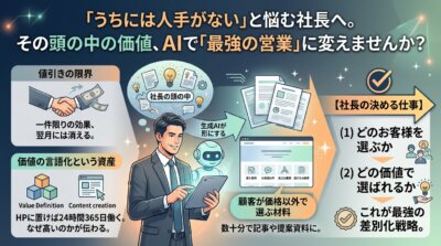 社長の頭の中にある価値をAIで言語化し、24時間働く営業資産に変えるまでの流れを示した図解。