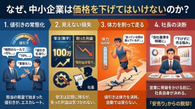 値引きの常態化から、見えない利益の損失、体力を削る消耗、社長が基準を決めるまでの4段階を示した図解。