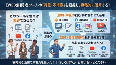 WEB集客ツールごとの特徴と、役割に応じた戦略的な活用方法を解説する図解イラスト。