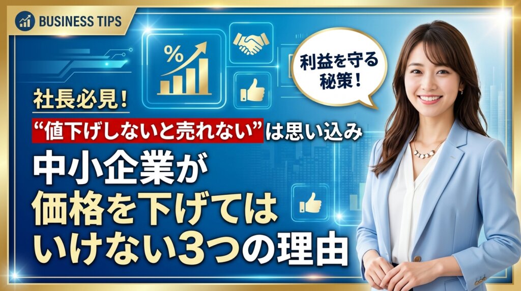「値下げしないと売れない」は思い込みだと伝え、中小企業が価格を下げてはいけない3つの理由を示すアイキャッチ画像。利益を守る秘策と、スーツ姿の女性が配置されている。