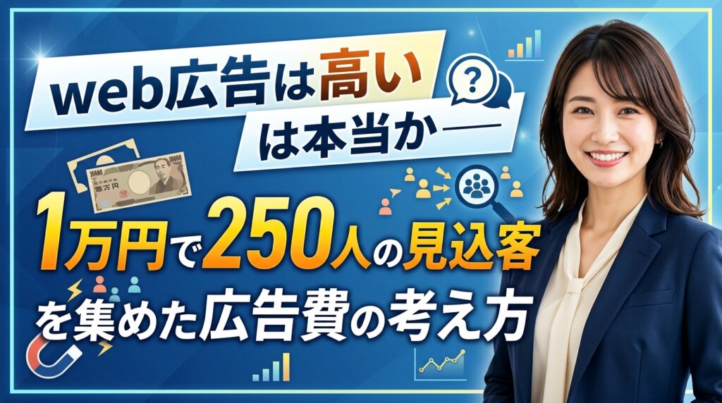 「web広告は高い」は本当かという問いと、1万円で250人の見込客を集めた広告費の考え方を伝えるアイキャッチ画像。