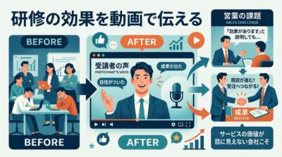 研修の効果を動画で可視化するメリットを示す図。改善前の研修風景と動画による受講者の声、営業成果へ繋がるプロセスを図解している。