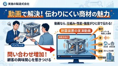 製造業の担当者がパンフレットで商品説明に苦戦する様子と、耐震装置の実演動画で仕組み・性能・強度をひと目で伝え問い合わせ増加につなげる流れを示したイラスト。