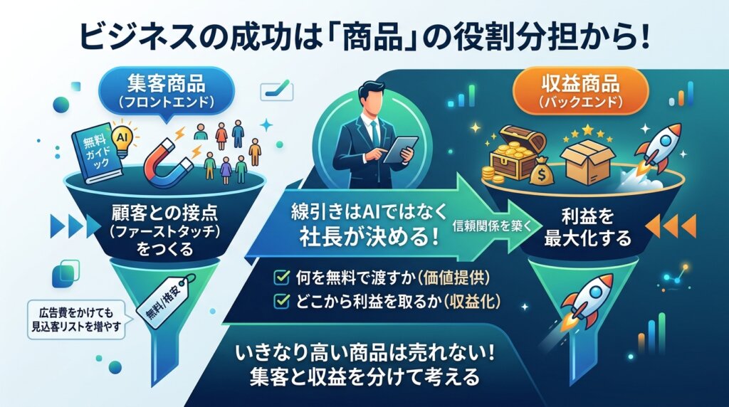 集客商品で顧客との接点をつくり、収益商品で利益を最大化する役割分担と、何を無料にしどこから利益を取るかは社長が決めるという記事の要点をまとめた図解。