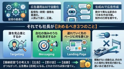 配信の最適化はAIに任せ、誰を見込客とするか・何を訴求するか・どのページへ連れていくかは社長が決めることを示した図解。