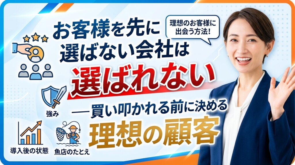 お客様を先に選ばない会社は選ばれないという指摘と、買い叩かれる前に理想の顧客を決めることを示したアイキャッチ画像。