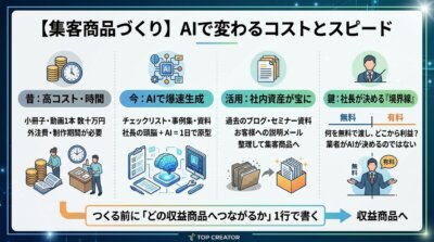 かつて数十万円と時間がかかった集客商品が、生成AIと社内資産の活用で1日で原型まで作れるようになったことを示した図解。