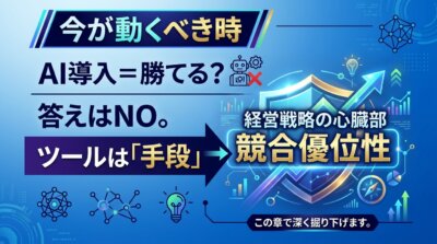 AI導入だけでは勝てず、ツールは手段にすぎないことを示し、経営戦略の心臓部である「競合優位性」へ矢印でつなぐ図解。