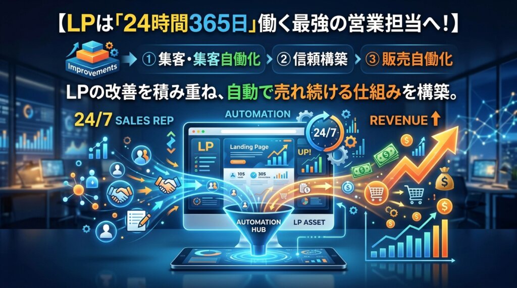 LPが24時間365日働く営業担当になることを示す図解。集客自動化、信頼構築、販売自動化の3段階でLPの改善を積み重ね、自動で売れ続ける仕組みを構築すると表す。
