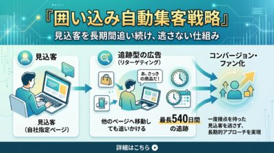 一度接点を持った見込客を、他のページへ移っても最長540日間追いかける追跡型広告(リターゲティング)の仕組みを示した図解。