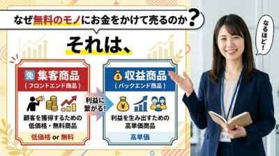 なぜ無料のモノにお金をかけて売るのかを示す図解。顧客獲得のための無料・低価格の集客商品が、利益を生む高単価の収益商品につながる流れを表す。