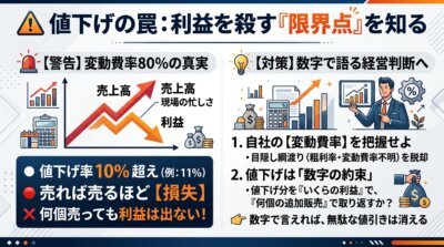 変動費率80%の会社が11%値下げした時点で売るほど損失が出る限界点と、数字で語る経営判断への対策を示した図解。
