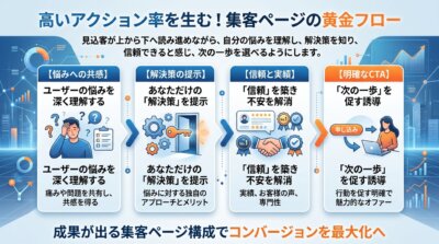 悩みへの共感・解決策の提示・信頼と実績・明確なCTAの順に読み進める、アクション率が上がる集客ページの流れを示した図解。