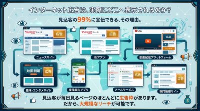 インターネット広告がニュースサイト、アプリ、動画配信、乗換案内、メールサービスなど、あらゆるwebページに表示されることを示した図解。