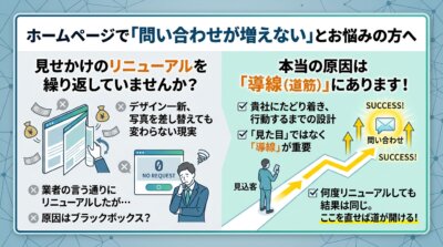ホームページの問い合わせを増やすために、見た目よりも導線設計が重要であることを解説するビジネス図解。