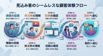 見込み客のシームレスな顧客体験フローの図解。課題の認識、解決策の理解、信頼の確認、個別相談、契約へ進むの5ステップをイラストで示す。