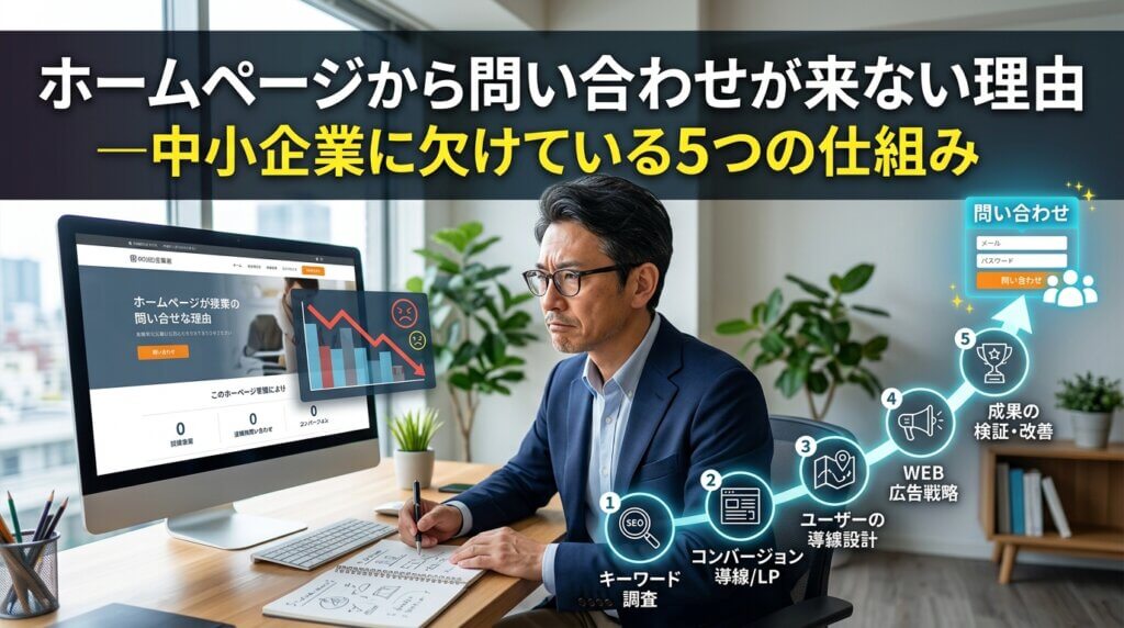 ホームページから問い合わせが来ない理由を考える経営者と、キーワード調査から成果の検証・改善までの5つの仕組みを示したアイキャッチ画像。