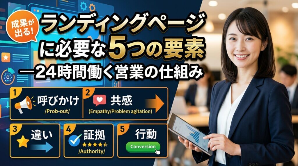スーツ姿の女性がタブレットを持ち、ランディングページに必要な5つの要素(呼びかけ・共感・違い・証拠・行動)をアイコンで示したアイキャッチ画像。