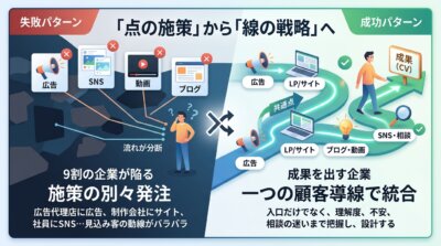 九割の企業が間違えやすいのは、ホームページ、広告、ブログ、動画を別々の施策として扱うことです。広告代理店には広告だけ、制作会社にはサイトだけ、社員にはSNSだけを任せると、見込み客から見た流れが分断さ