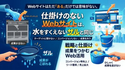 仕掛けのないWebサイトを水をすくえないザルにたとえた図解。成果がこぼれる状態と、戦略と仕掛けで成果をつかむ状態をひしゃくとバケツで対比。