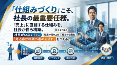 仕組みこそが経営者にしかできない仕事であり、経営者がやらなければならない重要な仕事だと言えます。  「売上に直結する＝経営を左右する」課題だからこそ、社長が中心となって取り組む。正しいやり方で取り組め