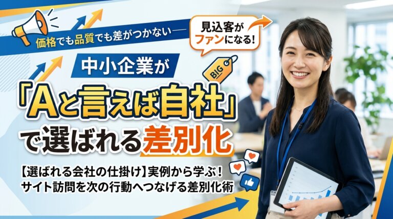 価格でも品質でも差がつかない時代に、中小企業が「Aと言えば自社」と思い出される存在になるための差別化を示したアイキャッチ画像。