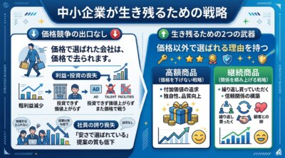 価格で選ばれた会社が粗利益と投資余力と社員の誇りを失う流れと、高額商品・継続商品という二つの武器を対比した図解。