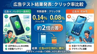 バッテリーの長持ちを訴える広告Aと防水性を訴える広告Bを比べ、クリック率0.14%と0.08%で約2倍の差が出た結果を示した図解。