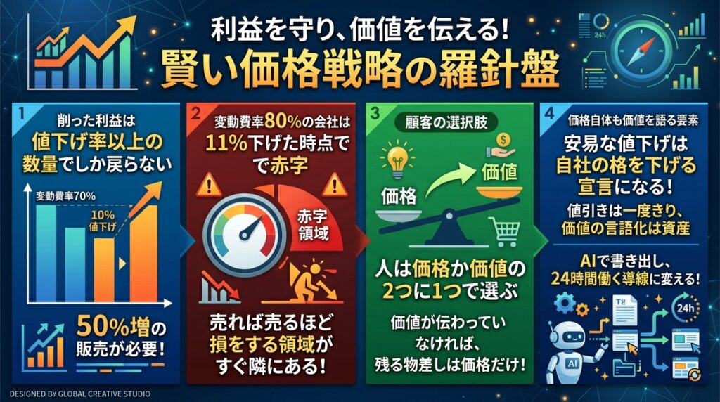 値下げ率以上の販売数量が必要なこと、人は価格か価値で選ぶこと、価格自体が価値であることなど記事の要点4つをまとめた図解。