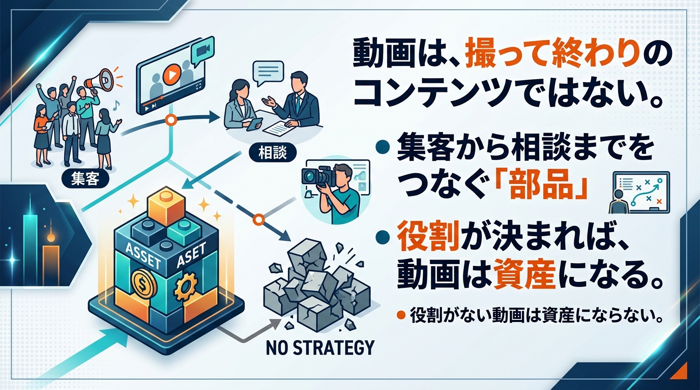 動画は撮って終わりのコンテンツではないと示す図解。集客から相談までをつなぐ部品として役割が決まれば動画は資産になり、役割がなければ崩れて資産にならないことを対比している。