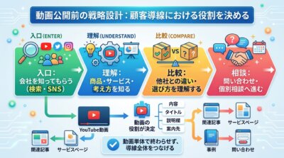 動画公開前の顧客導線を4つのフェーズで解説するインフォグラフィック。動画からサービスへ誘導する戦略図。