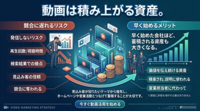 動画活用による資産形成のメリットと活用しないリスクを比較したビジネス向けインフォグラフィック。