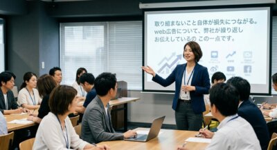 セミナー会場で講師が、web広告に取り組まないこと自体が損失につながるとスクリーンを示しながら参加者に伝えている写真。
