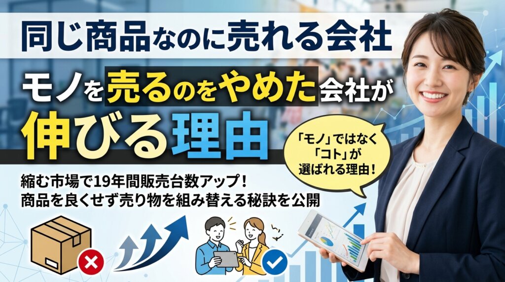 同じ商品なのに売れる会社の違いと、モノを売るのをやめた会社が伸びる理由を示したアイキャッチ画像。