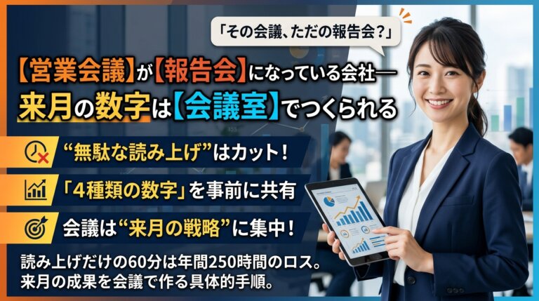 営業会議が報告会になっている会社の問題と、来月の数字は会議室でつくられるという視点を示したアイキャッチ画像。