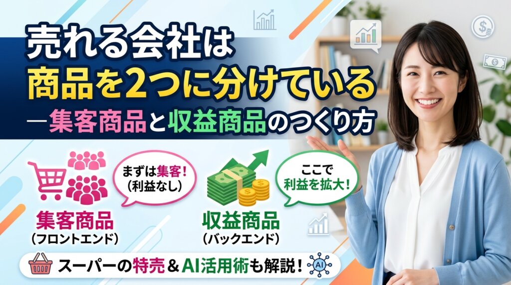 売れる会社は商品を2つに分けているという主張と、集客商品と収益商品のつくり方を伝えるアイキャッチ画像。
