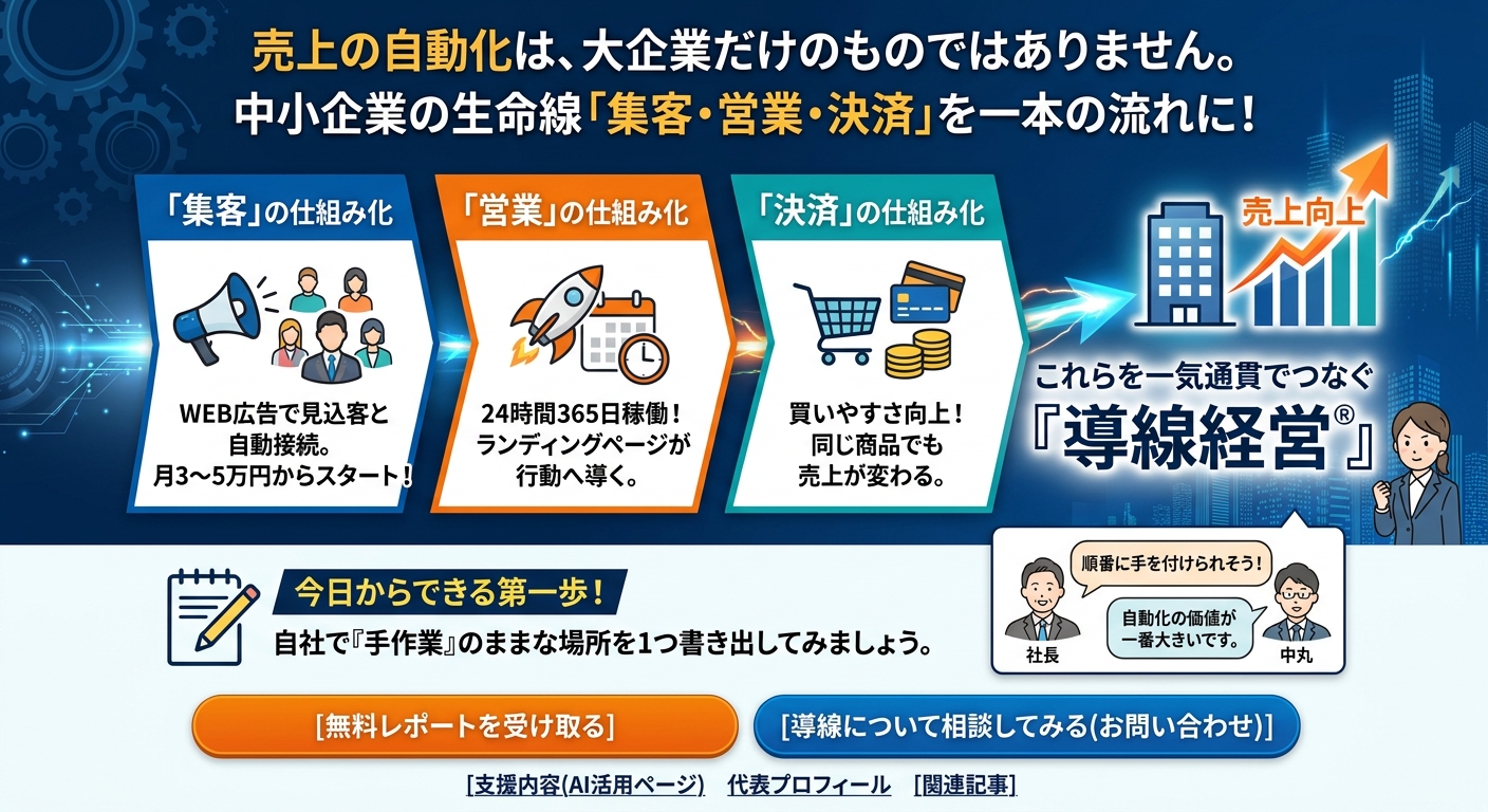 集客・営業・決済を自動化し売上を向上させる「導線経営」の仕組みを解説したビジネス図解広告。