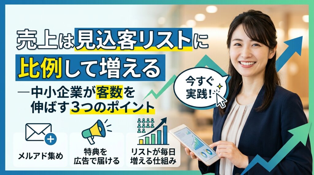 売上は見込客リストに比例して増えるという原則と、中小企業が客数を伸ばすための3つのポイントを示したアイキャッチ画像。