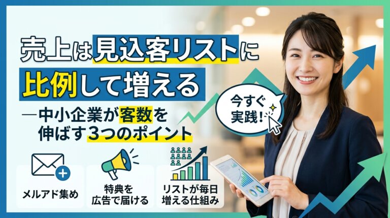 売上は見込客リストに比例して増えるという原則と、中小企業が客数を伸ばすための3つのポイントを示したアイキャッチ画像。